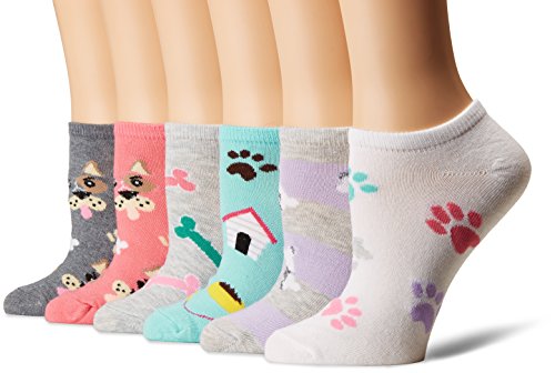 K. Bell Women's 6 Pack Novelty No Show Low Cut Socks, Dogs (Pink), Shoe Size: 4-10