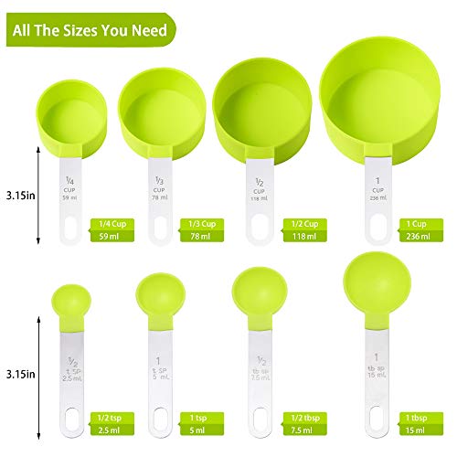 Measuring Cups and Spoons Set of Huygens Kitchen Gadgets 8 Pieces, Stackable Stainless Steel Handle Measuring Cups for Measuring Dry and Liquid Ingredient (Green)