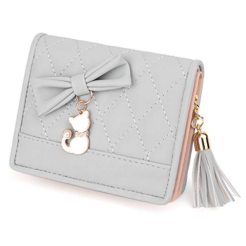 UTO Women PU Leather Small Wallet Cat Pendant Card Phone Holder Zipper Coin Purse Zoey Grey