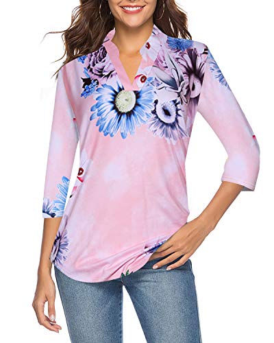 CEASIKERY Women's 3/4 Sleeve Floral V Neck Tops Casual Tunic Blouse Loose Shirt 008 Pink