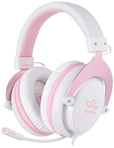 Stereo Gaming Headset, Noise Cancelling Over Ear Headphone w/Flexible Mic and Soft Earmuffs, Pink and White