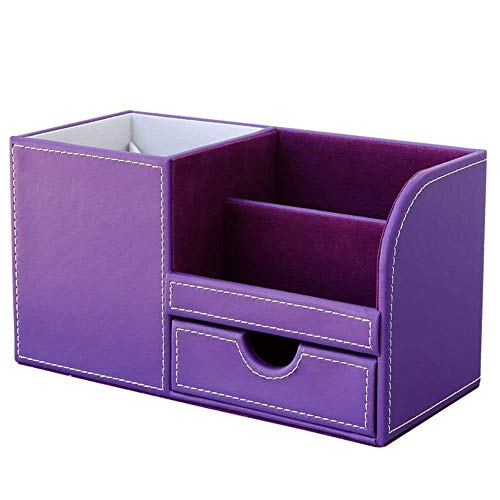 KINGFOM Desk Organizer Office Supplies Caddy Pu Leather Multi-function Storage Box Pen/Pencil,Cell phone, Business Name Cards Remote Control Holder with Small Drawer Purple