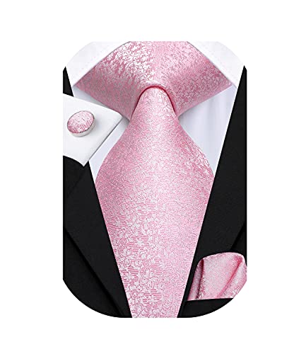 Dubulle Mens Pink Tie Set for Men Silk Pink Floral Neckties Handkerchief Cufflinks Set