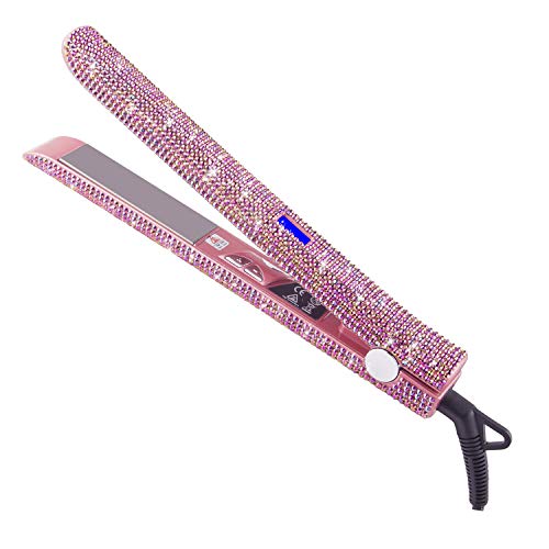 Professional Hair Straightener and Curler, DORISILK Titanium Flat Iron Rhinestone Straightening Iron, 2 in 1 Straightening Curling, Salon High Heat 470°F, Dual Voltage, Crystal Diamond Rose Pink