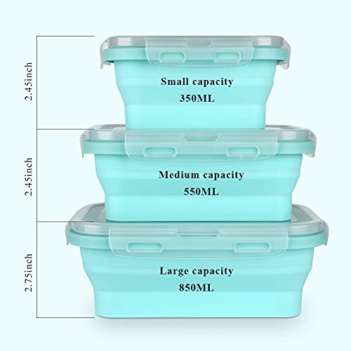 Keweis Silicone Lunch Box, Collapsible Folding Food Storage Container with Lids, Kitchen Microwave Freezer and Dishwasher Safe Kids, Set of 3 - Square Blue