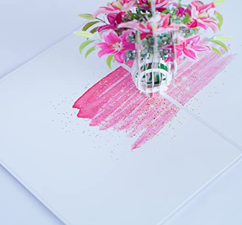 PQ Bees Pink Lily Bouquet Flowers Card Pop Up, Mothers Day Card, Birthday Card Women Grandma Mom, 3D Handmade Flower Greeting Cards, Anniversary, Thank You, Get Well, Sympathy Card.