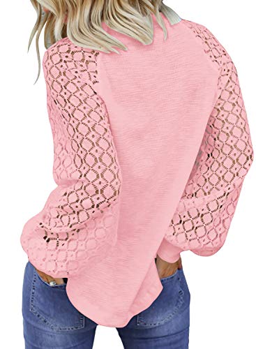 MIHOLL Women’s Long Sleeve Tops Lace Casual Loose Blouses T Shirts Pink