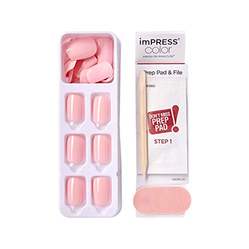 KISS imPRESS Color Press-On Manicure, Gel Nail Kit, PureFit Technology, Short Length, “Pick Me Pink”, Polish-Free Solid Color Mani, Includes Prep Pad, Mini File, Cuticle Stick, and 30 Fake Nails