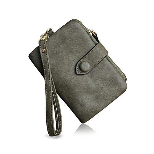Womens Small Bifold Leather Wallets Rfid Ladies Wristlet with Card slots id window Zipper Coin Purse (Army Green)