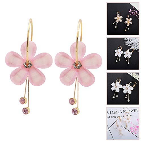 Romantic Crystal Acrylic Rose Flower Earrings Five Leaves Exaggerated Round Hoop long Tassel Earring for Women Jewelry (Red) (Pink)