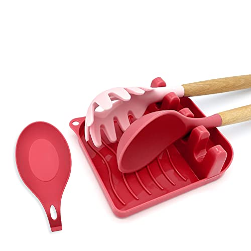 LSVGOE 2 Pack Multiple Utensil Spoon Rest with Drip Pad Non-Slip Heat Resistant Kitchen and Grill Spoon Holder for Spatula, Ladle, Tongs, Kitchen Gadgets, and Cooking Accessories (Tomato Red)