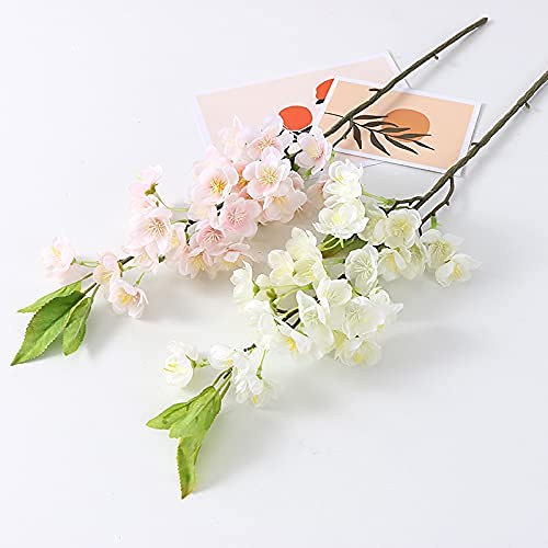 Sunm Boutique 6PCS 20In White Pink Cherry Blossom Flowers Artificial Peach Blossom Flower Silk Cherry Blossom Branches with Leaves White Plum Blossom Flowers for Wedding Home Indoor Outdoor Decor