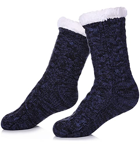 SDBING Women's Winter Super Soft Warm Cozy Fuzzy Fleece-Lined with Grippers Slipper Socks (Dark Blue and Black)