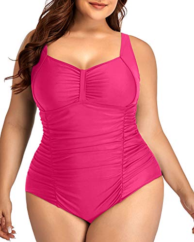 Plus Size One-Piece Tummy Control Retro Vintage Ruched Pink Bathing Swimsuit
