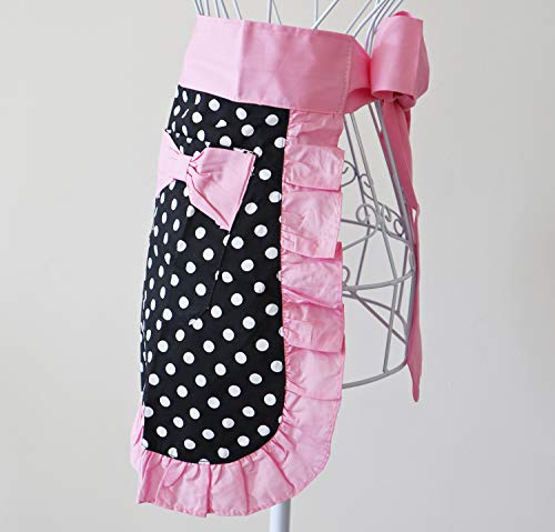 Waist Apron Cute Vintage 50’s Cooking Kitchen Retro Lovely Ruffle Apron with Pockets for Women Girls (Pink)