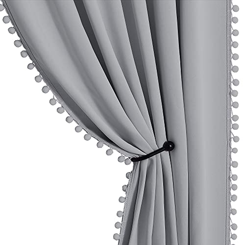 StangH Grey Blackout Curtains for Bedroom 63 inch, Insulated Pom Pom Kitchen Short Window Drapes Energy Saving Darkening Panels for Basement/French Door, Silver Grey, W52 x L63, 2 Panels