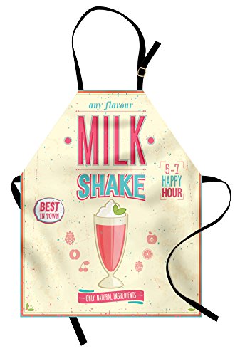 Lunarable Vintage Apron, Milkshake Poster Design Weathered Look Retro Inspirations, Unisex Kitchen Bib with Adjustable Neck for Cooking Gardening, Adult Size, Blue Cream