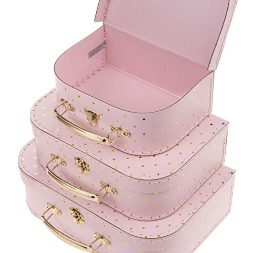 Jewelkeeper Paperboard Suitcases, Set of 3 – Nesting Storage Gift Boxes for Birthday Wedding Easter Nursery Office Decoration Displays Toys Photos – Pink and Gold Dot Design