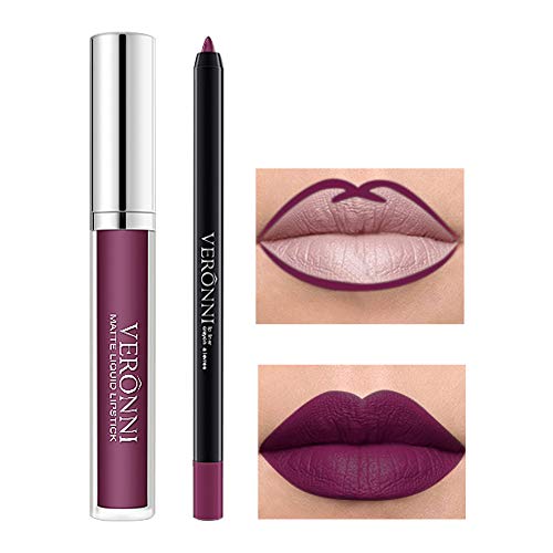 VERONNI Matte Liquid Lipstick with Lip Liner Lip Contour kit Waterproof Long Lasting Lip Gloss with 13 Colors Nonstick Cup Lip Stick Set (#07)