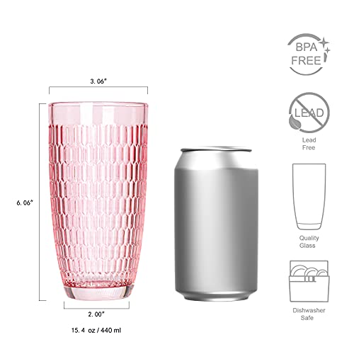 CREATIVELAND Highball Beverage Glasses Set of 6 Romantic PINK Colored Thick & Heavy Base Big Capacity 14.87oz|440ml, Drinking Glass Tumblers for Iced Tea, Water, Soda & Juice and Cocktails etc