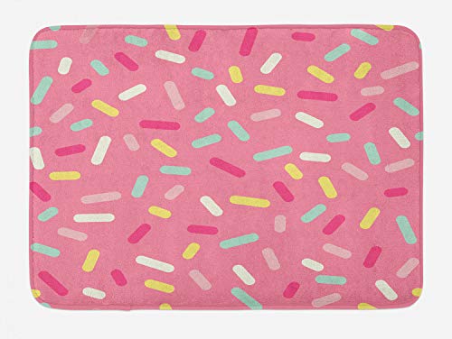 Ambesonne Pink and White Bath Mat, Abstract Pattern of Colorful Donut Sprinkles Tasty Food Bakery Theme, Plush Bathroom Decor Mat with Non Slip Backing, 29.5