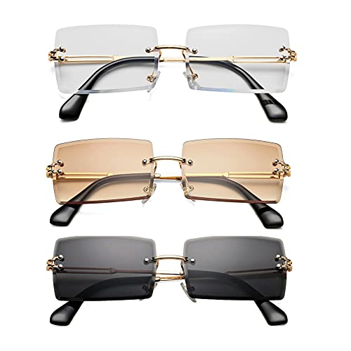 Rectangle Sunglasses for Men/Women Small Rimless Square Shade Eyewear ( Tea + Clear + Black )…