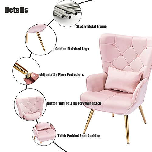 Altrobene Modern Accent Chair, Velvet Lounge Chair, Living Room/Bedroom Arm Chair with Pillow, Button Tufted, Golden Finished, Pink