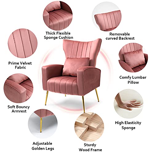 WQSLHX Living Room Chairs Velvet Accent Chair with Lumbar Pillow, High Back Armchair Mid Century Modern Vanity Chair for Bedroom with Armrest, Arm Chair with Golden Metal Legs, Pink