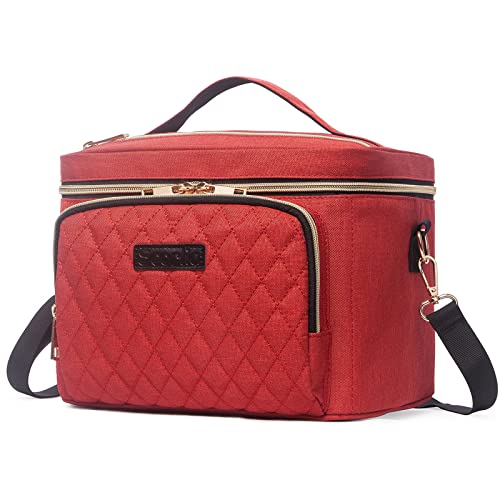 Travel Makeup Bag for Women, Scorila Large Cosmetic Case Organizer Fits Bottles Vertically, Toiletry Bag with Adjustable Dividers and Brush Holder, Portable Storage Bag with Strap for Girls, Red