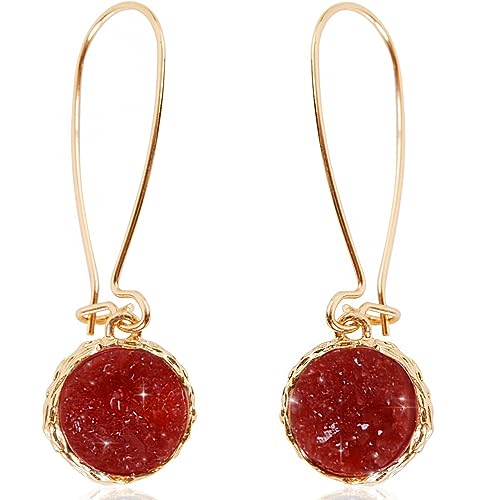 Red Earrings for Women, Burgundy Earrings for Women Dangling, Maroon Earrings for Women, Simulated Druzy Dangle Gold Tone Red Dressy Earrings, Threader Earrings for Women, Elegant Earrings for Women