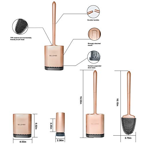 Sellemer Toilet Brush and Holder Set for Bathroom, Flexible Toilet Bowl Brush Head with Silicone Bristles, Compact Size for Storage and Organization, Ventilation Slots Base (Rose Gold)