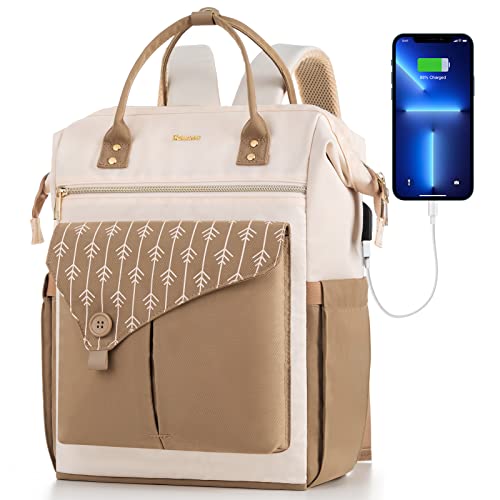 MOMUVO Laptop Backpack for Women Laptop Bag with USB Port, Student Bookbag Water Resistant Backpacks Teacher Doctor Nurse Work Backpack Stylish Travel Bags, Fits 17-Inch Laptop Khaki Beige