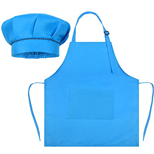 SUNLAND Kids Apron and Hat Set Children Chef Apron for Cooking Baking Painting (Blue, S)