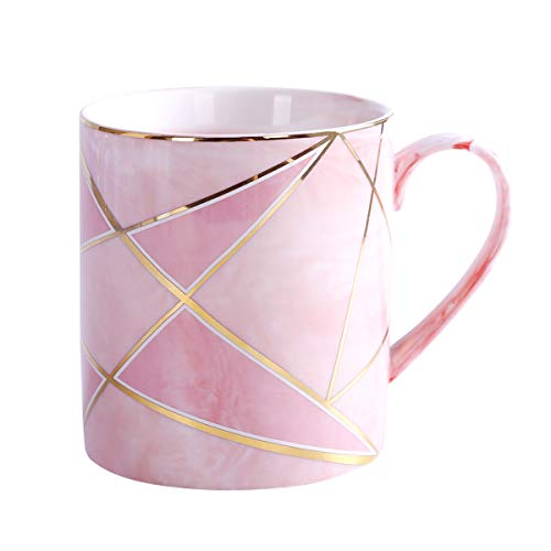 WAVEYU Ceramic Mug, Pink Large Coffee Mug Marble with Handle Decoration with Sparky Gold Girly Coffee Tea Cup for Girl Women,14 oz (Pink)