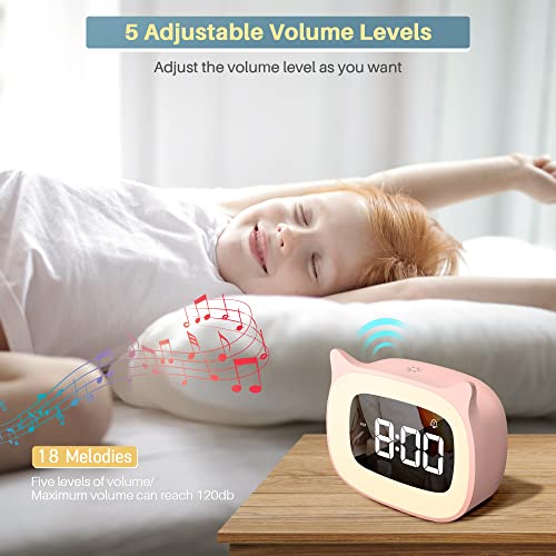 SMOUPING Kids Alarm Clock with Night Light Stepless Dimming,Cute Cat Ear Digital Clock for Boys and Girls,5 Minute Alarm,Ok to Wake Up Children(Pink)