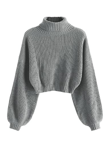 ZAFUL Women's Cropped Turtleneck Sweater Lantern Sleeve Ribbed Knit Pullover Sweater Jumper (2-Gray, M)