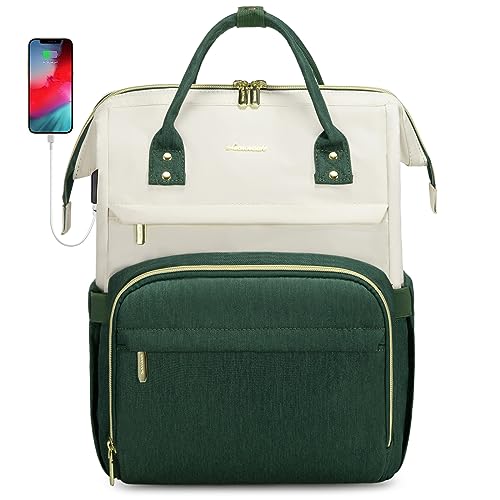 LOVEVOOK Laptop Backpack Purse for Women, Fashion Work Travel Bags, Business Computer Backpacks, Doctor Nurse Backpack with USB Port, fits 15.6-Inch Laptop, Beige-Dark Green