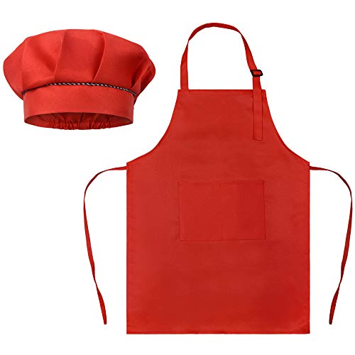 SUNLAND Kids Apron and Hat Set Children Chef Apron for Cooking Baking Painting (Red, S)