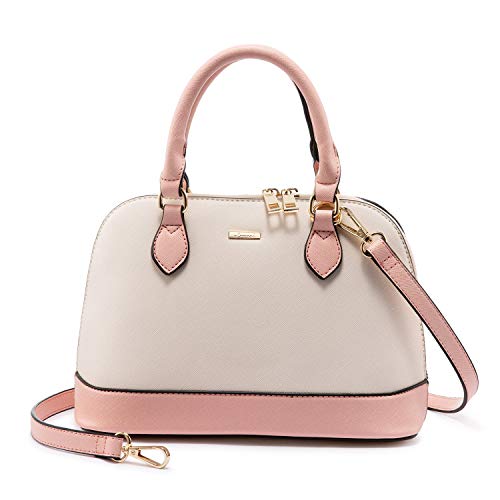 Small Colorblock Crossbody Domed Shoulder Bag w/Handles & Double Zip Top - Pink/Beigee