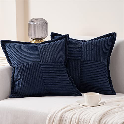 Topfinel Pack of 2 Decorative Broadside Throw Pillow Cover with Splicing, Striped Corduroy Square Cushion Pillowcase for Sofa Couch Bed Chair (18x18 Inch/Navy)