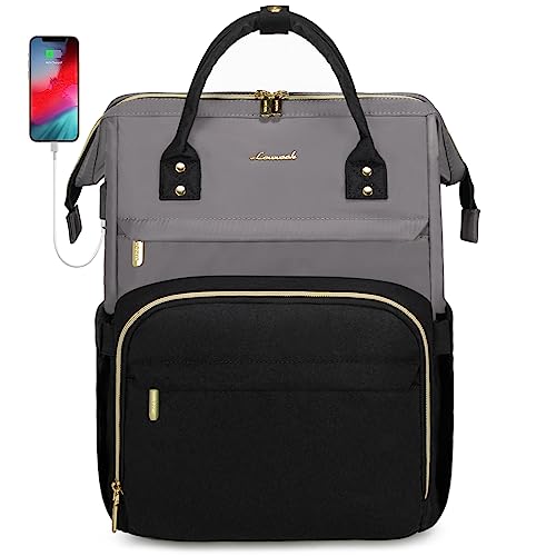 LOVEVOOK Laptop Backpack Purse for Women, Fashion Work Travel Bags, Business Computer Backpacks, Doctor Nurse Backpack with USB Port, fits 15.6-Inch Laptop, Purple Gray-Black