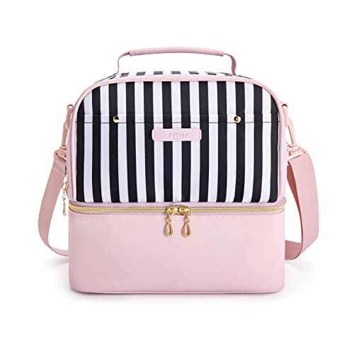 TOURIT Lunch Bag Women Double Deck Lunch Box Insulated Lunch Cooler for Women Men Work, School, Pink Stripes