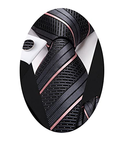 Hi-Tie Men's Gray Pink Dots Necktie and Pocket Square Silk Woven Formal Prom Tie Cufflinks Set for Wedding