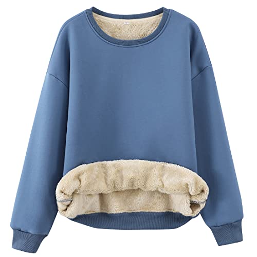 Gihuo Women's Fleece Sherpa Lined Crewneck Pullover Sweatshirt(02Blue-L)