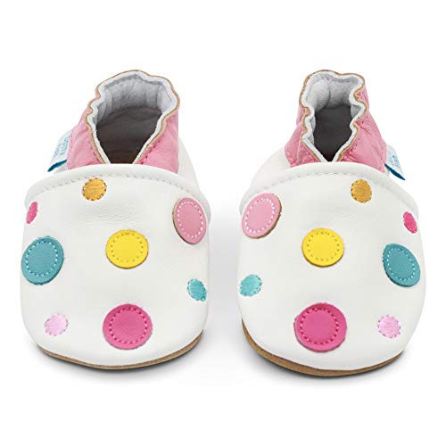 Dotty Fish Soft Leather Infant Shoes Girls pre-Walkers. White with Multicoloured Dots. 0-6 Months