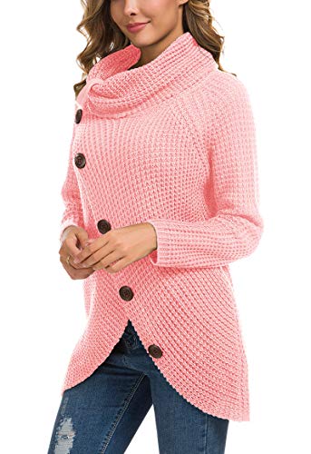 GRECERELLE Women's Casual Turtle Cowl Neck Asymmetric Hem Wrap Pullover Chunky Button Knit Sweater Pink-Medium