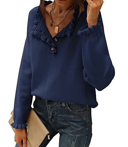 BTFBM Women's Sweaters Casual Long Sleeve Button Down Crew Neck Ruffle Knit Pullover Sweater Tops Solid Color Striped (Solid Bright Blue, Medium)