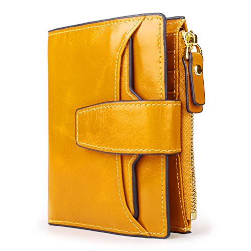 AINIMOER Women's RFID Blocking Leather Small Compact Bi-fold Zipper Pocket Wallet Card Case Purse(Waxed Yellow)