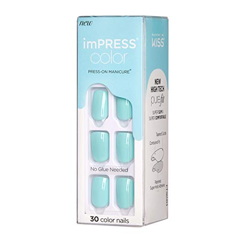 KISS imPRESS Color Press-On Manicure, Gel Nail Kit, PureFit Technology, Short Length, “Mint To Be”, Polish-Free Solid Color Mani, Includes Prep Pad, Mini File, Cuticle Stick, and 30 Fake Nails