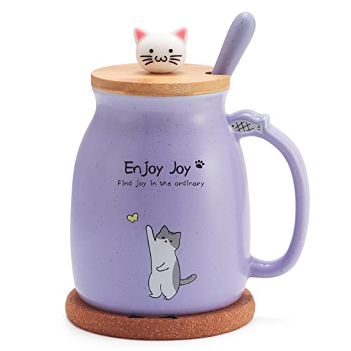Feify Cute Cat Cup Ceramic Coffee Mug with Kawaii Cat Wooden Lid, Lovely Stainless Steel Spoon, Anime Kitty Thicken Wooden Coaster, Christmas Birthday Gift Cute Thing Japanese Mug 480ML (Purple)